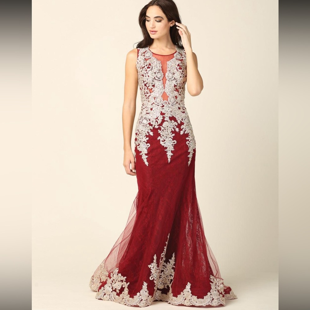 Elizabeth K GLS Burgundy & Gold Lace Mermaid Prom Dress Size Small